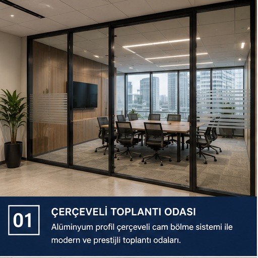 Çerçeveli cam bölme toplantı odası uygulaması
