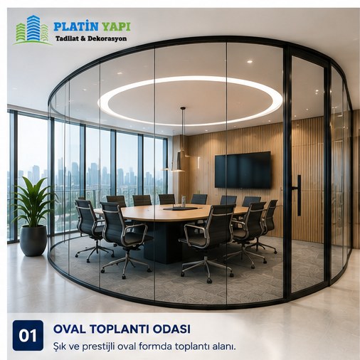 Oval toplantı odası kavisli cam sistemi - Platin Yapı
