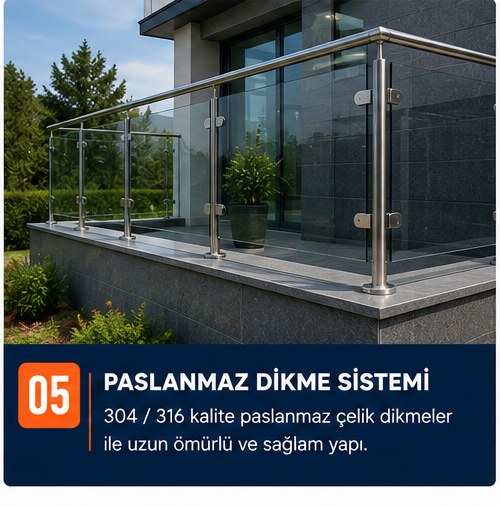Paslanmaz dikmeli cam korkuluk